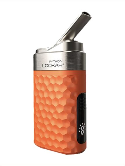 Orange textured vape pen with a honeycomb pattern, silver top, angled mouthpiece, and 'Python Lookah' branding on the metal collar.
