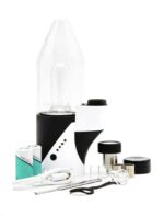 Vape Starter Kit with Glass Tank Black-and-white Mod Coils Usb Charger and Small Accessories Laid out on a White Background - Australia E-cigarette Store