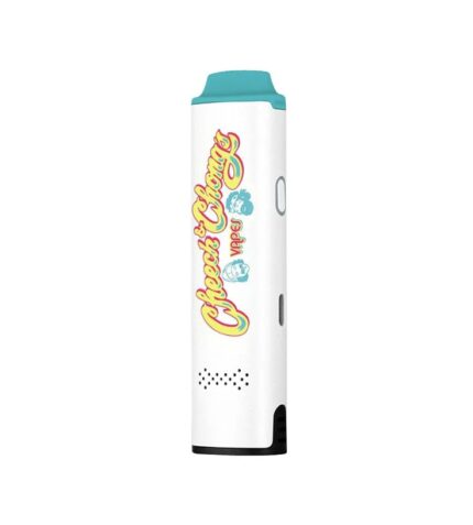 White Vape Pen with a Teal Mouthpiece Side Logo and Small Vent Holes on the Lower Front Edge side View - Australia E-cigarette Store