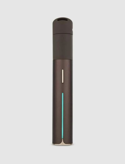 Brown Cylindrical Vape Pen with a Teal Glowing Indicator Strip and Gold-trimmed Base Against a Light Background - Australia E-cigarette Store