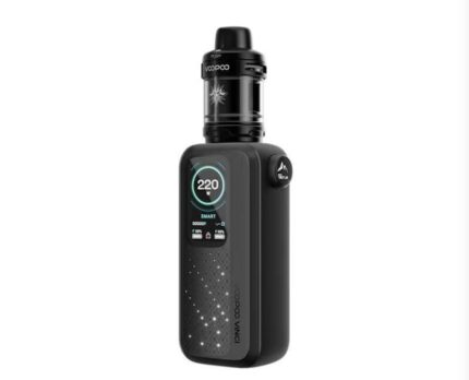 Black box-mod vape with a detachable black tank on top and a circular LED display showing 220 on the front panel, featuring a starburst graphic and dotted pattern on the side panel.