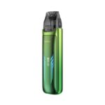 Green Voopoo Pod Vape with a Transparent Pulled-back Mouthpiece and Slim Curved Body Standing Upright - Australia E-cigarette Store