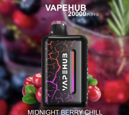 VAPEHUB 20000 PUFFS vape device with black body and pink-purple crackle design, flavor Midnight Berry Chill, berries in background (informative product image).