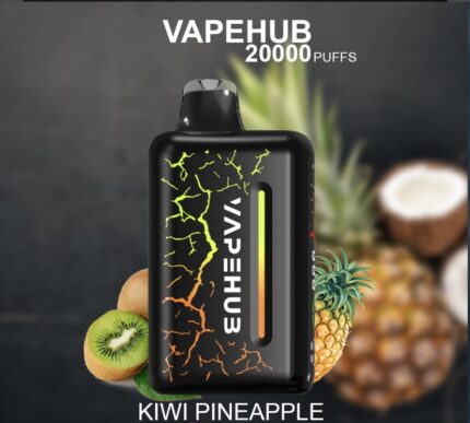 Black vape device with neon crackle design, flavor bar visible, surrounded by kiwi and pineapple fragments; caption reads 'VAPEHUB 20000 PUFFS' and flavor 'KIWI PINEAPPLE'