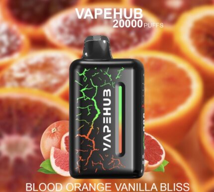 VapeHub e-cigarette device with a cracked-green pattern, flavor Blood Orange Vanilla Bliss, citrus background and '20000 puffs' text above (advert).
