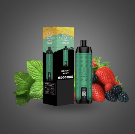 Al Fakher Berry Mint 15000 Pro Max vape kit with green cartridge and black box, surrounded by mint leaves and berries.