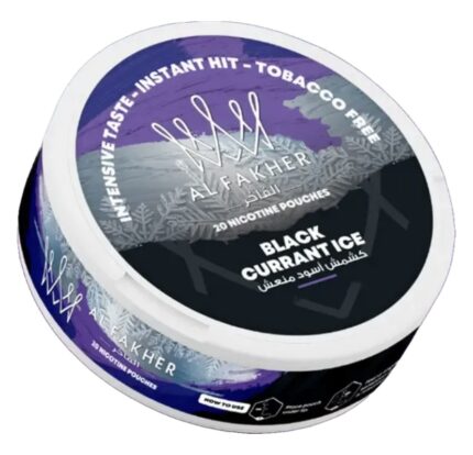 Tin of Al Fakher Black Currant Ice Nicotine Pouches with Purple-black Label and Arabic Text Notes 20 Nicotine Pouches - Australia E-cigarette Store