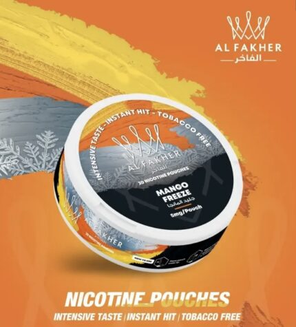 Al Fakher Mango Freeze Nicotine Pouches Tin on a Bright Orange Background - Australia E-cigarette Store