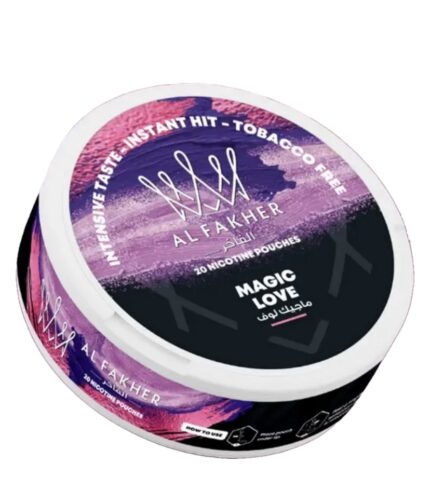 Al Fakher Magic Love nicotine pouches tin with purple-pink label, 20 pouches inside
