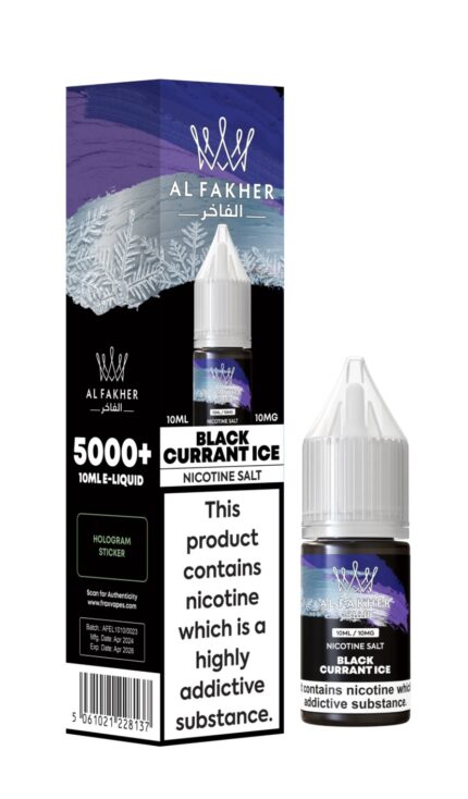 Box and bottle of Al Fakher Black Currant Ice nicotine salt e-liquid, featuring bold white warning label and hologram sticker on black-purple packaging.