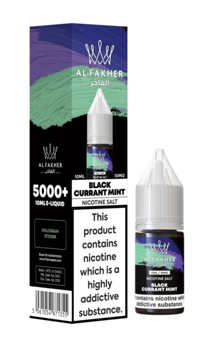 Al Fakher nicotine salt e-liquid box and bottle labeled Black Currant Mint on white background, shows 10 ml bottle cap image.