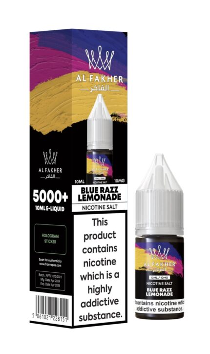 Front view of Al Fakher Blue Razz Lemonade nicotine salt e-liquid box and bottle (10 ml), with large warning label about nicotine addiction and bold product branding.