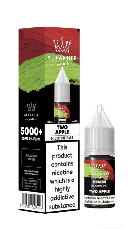 Bottle of Al Fakher Two Apple nicotine salt e-liquid next to its black and color-splashed box, including a large 'This product contains nicotine' warning panel and bold branding.