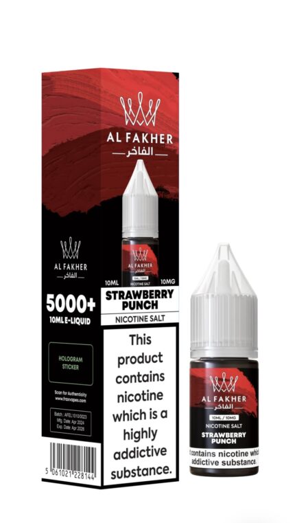 AL FAKHER Strawberry Punch nicotine salt e-liquid bottle and box, 10 mg nicotine, with addiction warning on the label.