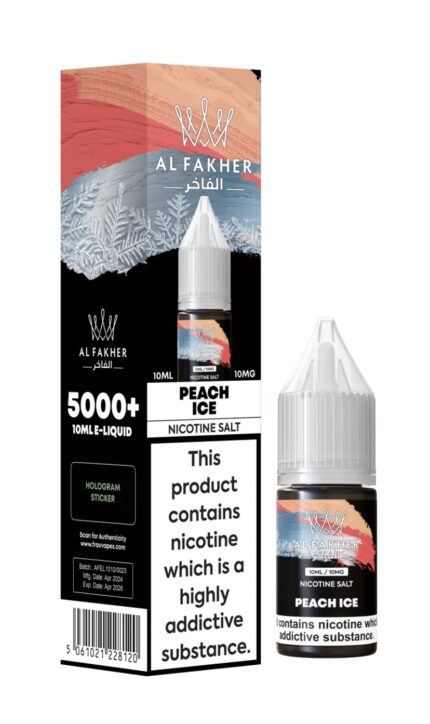 Box and bottle of Peach Ice nicotine salt e-liquid by Al Fakher, 10 ml bottle shown beside packaging. Contains 5000+ dosage info and ‘This product contains nicotine’ warning.