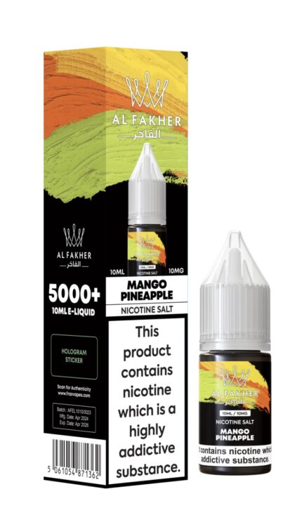 E‑liquid packaging and bottle for Al Fakher Mango Pineapple nicotine salt; bold warning text states nicotine is highly addictive, with colorful top artwork on the box.