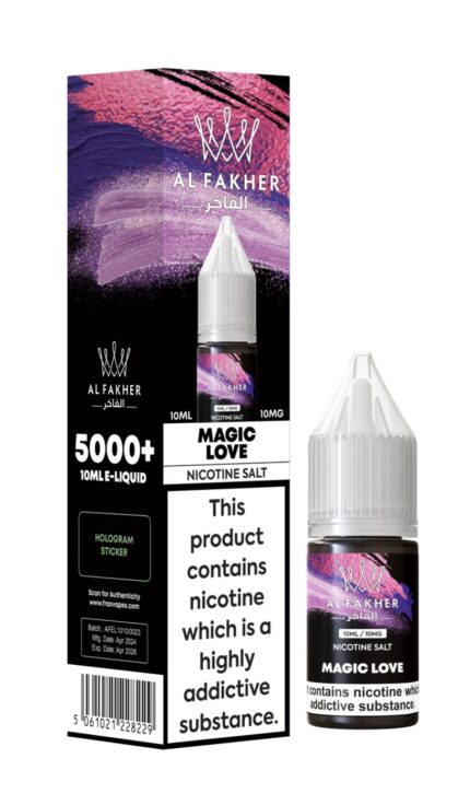 Box and small bottle of AL FAKHER Magic Love nicotine salt e-liquid with pink-purple abstract artwork; warning label notes nicotine is highly addictive.