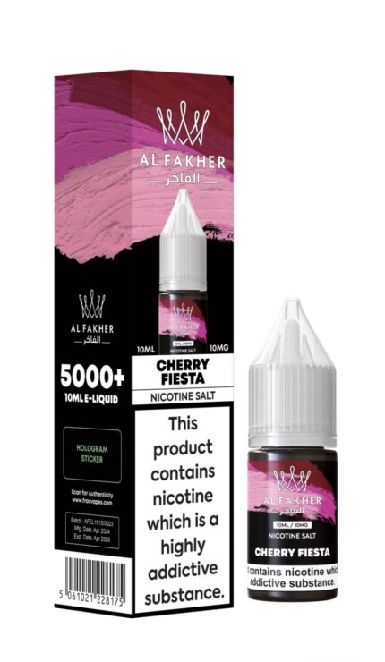 Cherry Fiesta nicotine salt e-liquid bottle next to its pink-black box, featuring bold warning text and a barcode on the box.