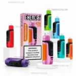 Assortment of Colorful Vape Pens and a Pink Enercig Box on a White Background Set on Display Stands - Australia E-cigarette Store