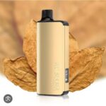 Gold-colored Vape Pod Device Standing Upright with Brown Tobacco Leaves Behind It - Australia E-cigarette Store