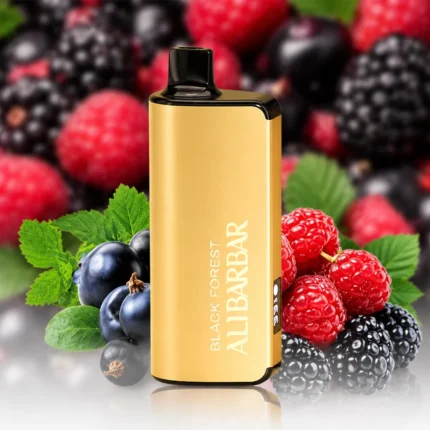 Gold Rectangular Vape Device with Black Mouthpiece Branded Black Forest All Bar Set Among Blackberries and Raspberries - Australia E-cigarette Store