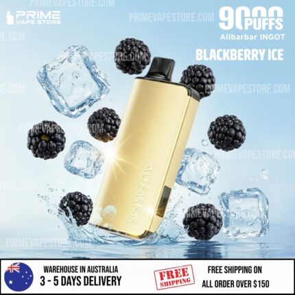 Gold Vape Mod Surrounded by Ice Cubes and Blackberries in a Splashy Water Scene Promoting a Blackberry Ice Flavour from Prime Vape Store - Australia E-cigarette Store