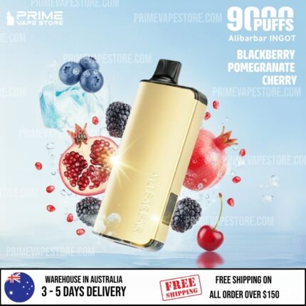 Gold Vape Device Tilted Among Blueberries Blackberries Pomegranate Sections and a Cherry on a Blue Background - Australia E-cigarette Store