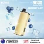 Gold Vape Device Tilted in Midair with Blueberries and Ice Cubes Against a Blue Gradient Advert for Blueberry Blast from Prime Vape Store - Australia E-cigarette Store