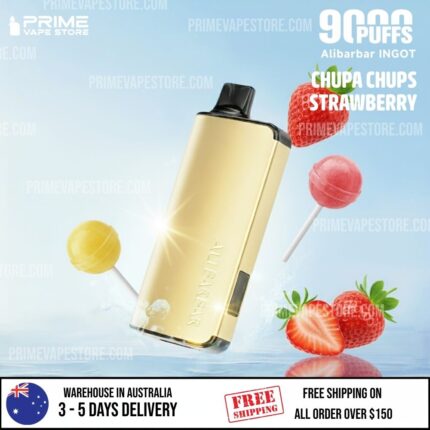 Gold Vape Pod Device Tilted Upward Surrounded by Strawberry and Yellowpink Lollipops and Strawberries Against a Blue Sky Background - Australia E-cigarette Store