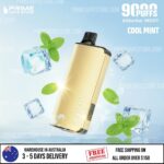 Gold Vape Pod Device Suspended in Mid-air Surrounded by Ice Cubes and Fresh Mint Leaves on a Blue Background - Australia E-cigarette Store