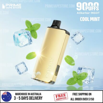 Gold Vape Pod Device Suspended in Mid-air Surrounded by Ice Cubes and Fresh Mint Leaves on a Blue Background - Australia E-cigarette Store