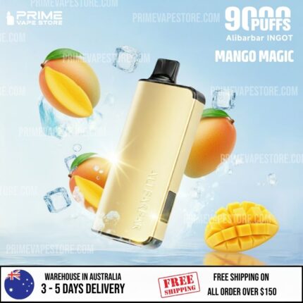 Gold Vape Device Tilted Diagonally with Mango Halves Ice Cubes and a Sliced Mango on a Blue Background Represents Mango Magic Flavor and Fresh Tropical Vibe - Australia E-cigarette Store