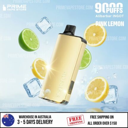 Gold Vape Device Angled Diagonally Amid Lemon and Lime Slices with Ice Cubes on a Blue Background Suggesting a Citrus-flavored Vape Product - Australia E-cigarette Store