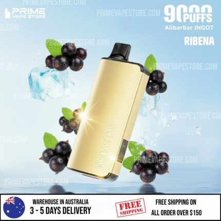 Gold Vape Device Angled Diagonally with a Black Mouthpiece Surrounded by Dark Berries and Mint Leaves on Ice Against a Blue Background Promotional Image for Ribena Flavor from Prime Vape Store - Australia E-cigarette Store