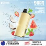 Gold Vape Device with Splash of Water and Floating Fruit Slices strawberry Coconut Watermelon Mint Flavors Listed As Strawberry Coconut Watermelon and 90 Puffs - Australia E-cigarette Store
