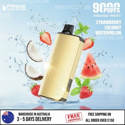 Gold Vape Device with Splash of Water and Floating Fruit Slices strawberry Coconut Watermelon Mint Flavors Listed As Strawberry Coconut Watermelon and 90 Puffs - Australia E-cigarette Store