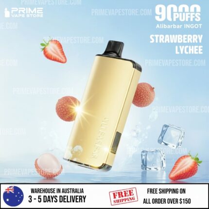 Gold Vape Device Tilted on a Water-splash Background with Strawberries Lychee and Ice Cubes Flavor Strawberry Lychee is Advertised - Australia E-cigarette Store