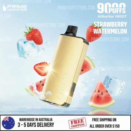 Gold Rectangular Vape Device Angled Diagonally Against a Blue Background Surrounded by Ice Cubes and Strawberry and Watermelon Slices - Australia E-cigarette Store