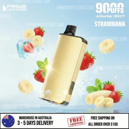 Gold Vape Pod Device Angled with Strawberries Banana Slices Mint and Ice Promotional Ad for Prime Vape Store - Australia E-cigarette Store