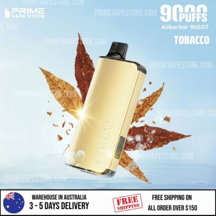 Gold Vape Device Angled Diagonally Against a Blue Background with Autumn Leaves for a Promotional Product Image - Australia E-cigarette Store