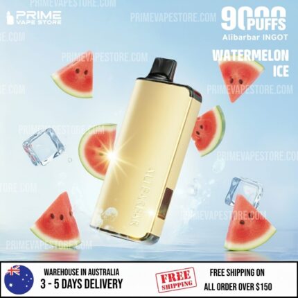 Gold Vape Device Centered with Watermelon Slices and Ice Cubes in a Blue Background Advertising Watermelon Ice Flavor - Australia E-cigarette Store