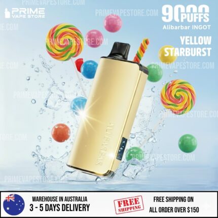 Gold Vape Mod Mid-air with Splash Surrounded by Colorful Candies and Lollipops Promotional Image for Prime Vape Store - Australia E-cigarette Store