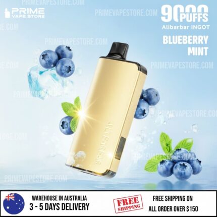 Gold Vape Device Tilted Diagonally with Blueberries and Mint Leaves Against a Pale Blue Background Promoting Blueberry Mint Flavor - Australia E-cigarette Store