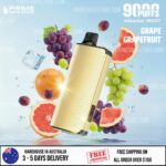 Gold Vape Device Surrounded by Grapes and Citrus Fruit grapefruit and Orange on a Bright Blue Background Advertising Fruity Flavors for a Vape Product - Australia E-cigarette Store