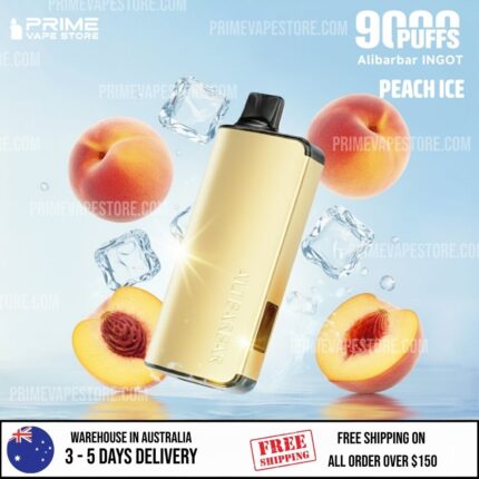 Gold Vape Device Tilted Amid Peaches and Ice Cubes Against a Blue Background Advertising Peach Ice Flavor - Australia E-cigarette Store