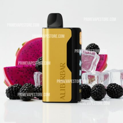 All Bar vape device with a gold panel beside dragon fruit slices, blackberries, and ice cubes on a white surface,