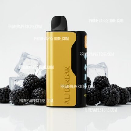 Vape pod device with a yellow front panel and black body, standing upright beside ice cubes and blackberries on a reflective surface.