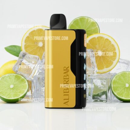 Gold and black vape pod device standing upright among lemon and lime slices and ice, branding visible on the side