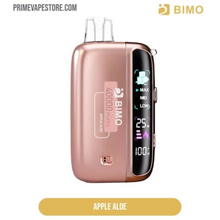 Rose gold BIMO vape pod with a tall vertical touchscreen displaying power info; flavor Apple Aloe, 4000 puffs (Prim eVapeStore branding).