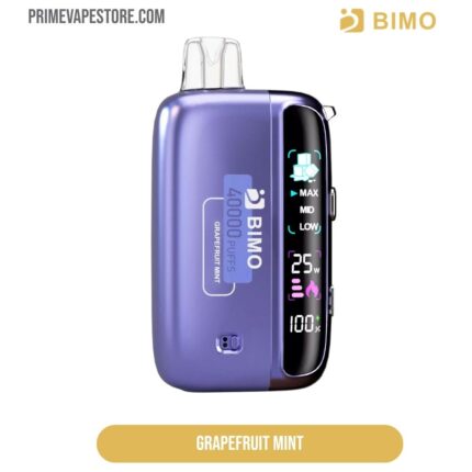 Purple BIMO vaping device with a digital display on the side, labeled Grapefruit Mint and shown in a side view.